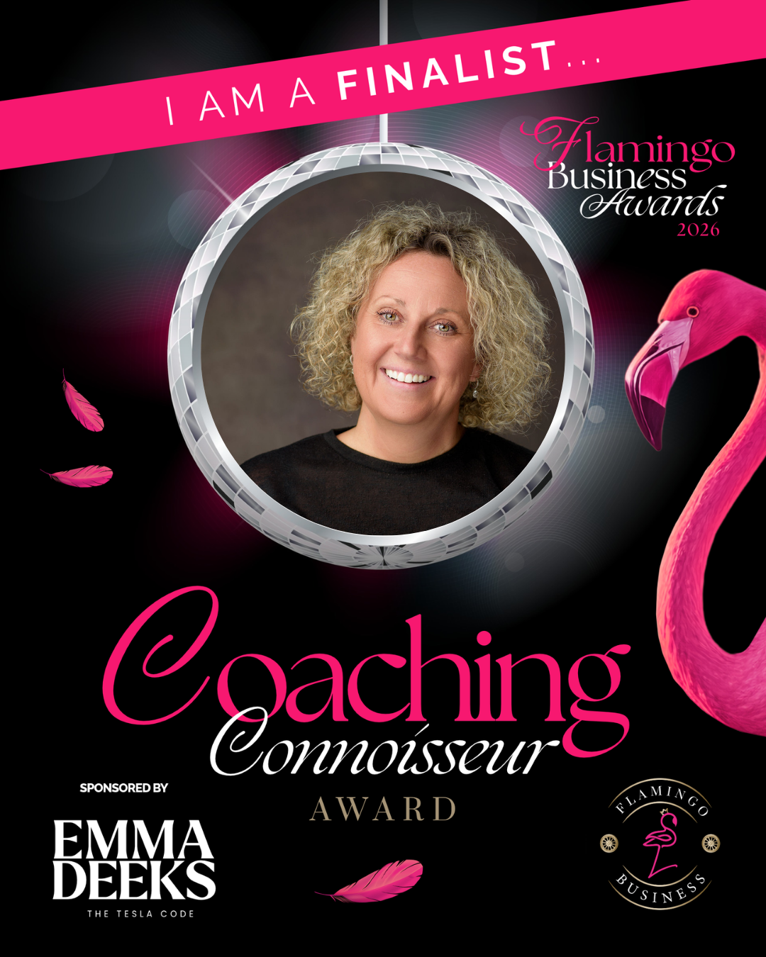 Flamingo Business Awards 2026 finalist graphic featuring Anna Bates and the Coaching Connoisseur Award.